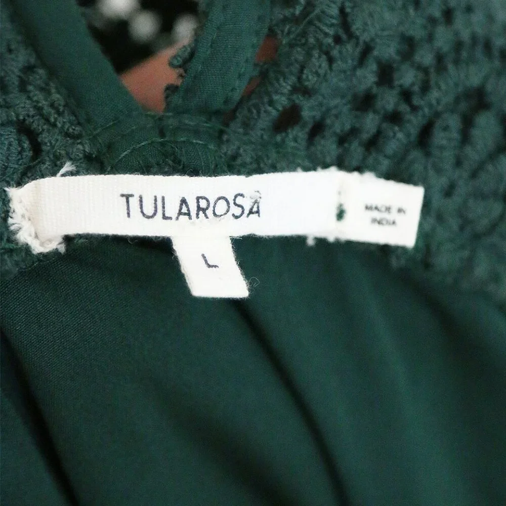 Tularosa Revolve Clayton Tunic Mini Dress L Hunter Green Pom Pom Trim Lace $210 - Picture 9 of 16